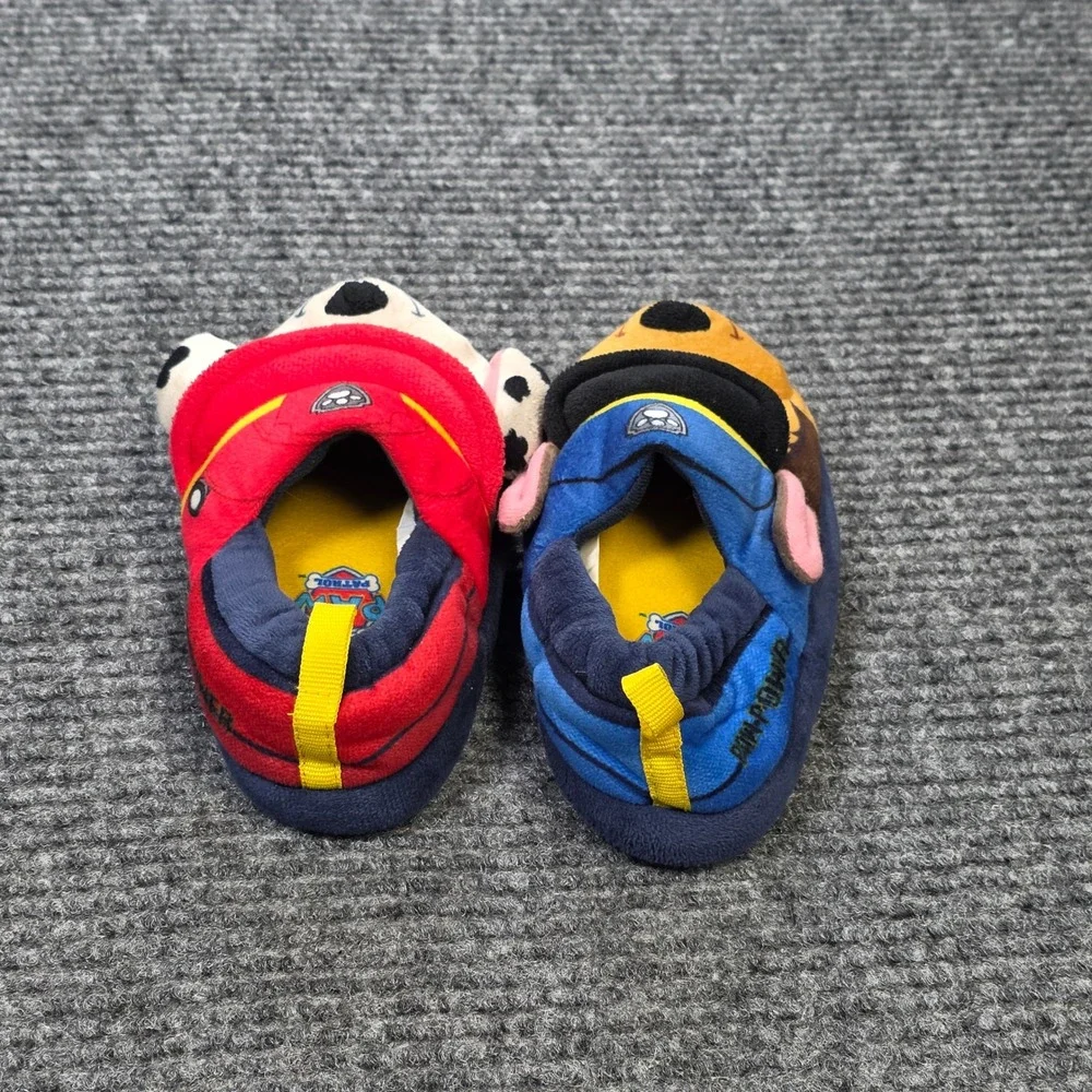 Paw Patrol Chase & Marshall Plush Slippers Boy's Size M 7/8 Blue Red  Slip On